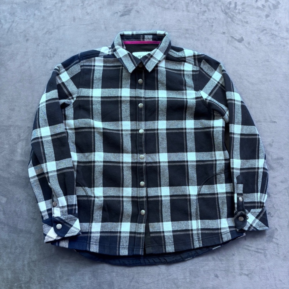 Orvis Women Black White Plaid Fleece Lined Flannel Snap Front Shirt Jacket L